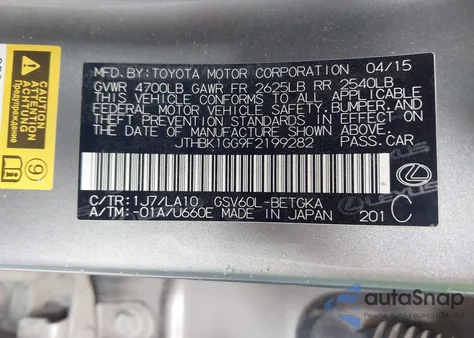 2015 Lexus Es 350 from USA, damaged, VIN JTHBK1GG9F2199282